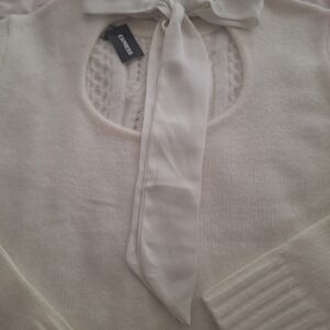 Express Cream Knit Sweater with Bow Detail
